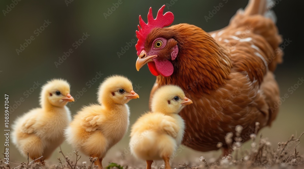 Fototapeta premium Hen with red comb and three fluffy yellow chicks on a blurred natural background. Banner, background for farm life, agriculture themes