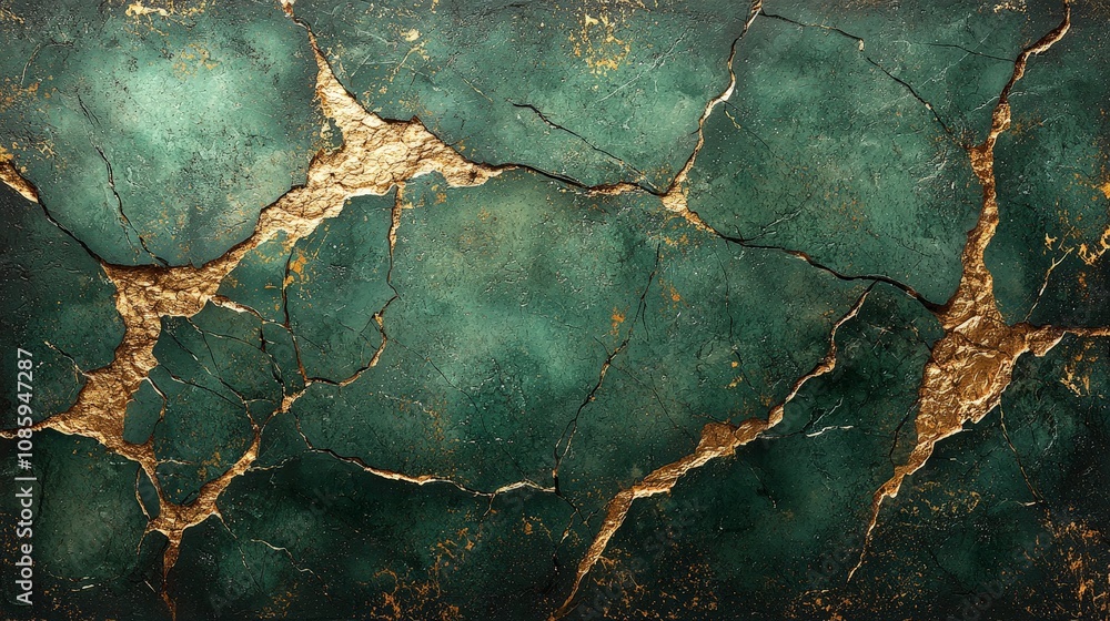 A textured surface featuring cracks and a rich green and gold color scheme. A textured surface featuring cracks and a rich green and gold color scheme.
