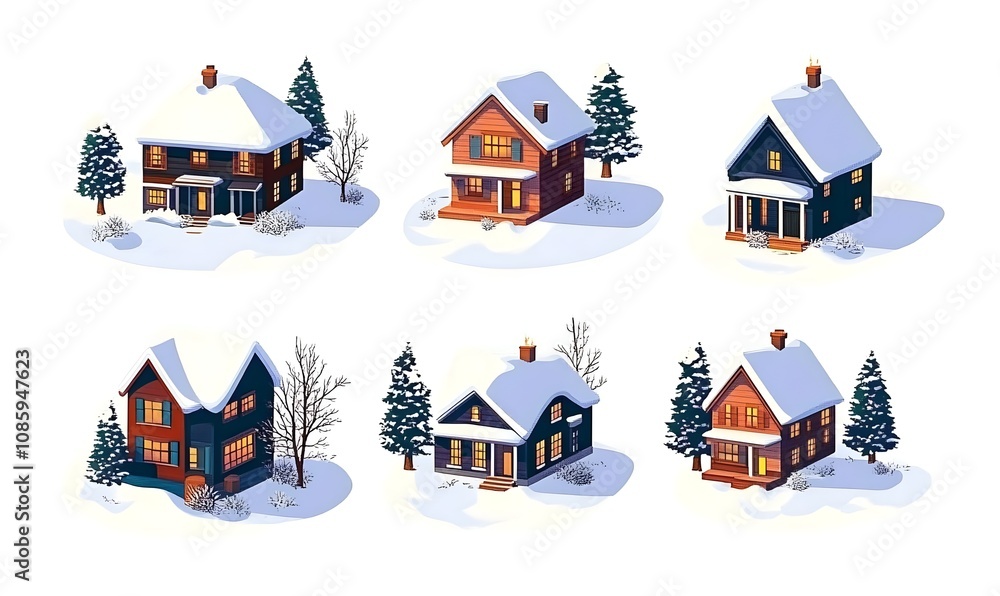 Winter Wonderland Collection of Cozy Snow-Covered Houses with Warm Lighted Windows and Evergreen Trees Ideal for Seasonal Illustrations and Holiday Designs Winter Wonderland Collection of Cozy Snow-Covered Houses with Warm Lighted Windows and Evergreen Trees Ideal for Seasonal Illustrations and Holiday Designs