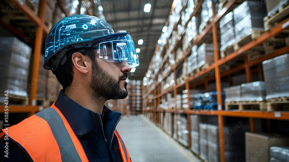 A logistics manager using IoT sensors to monitor inventory levels and optimize supply chain flow in a warehouse. A logistics manager using IoT sensors to monitor inventory levels and optimize supply chain flow in a warehouse.