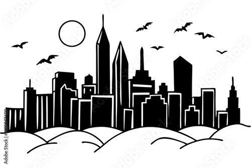 Silhouette of City Skyline with Dramatic Sunset and Flying Birds