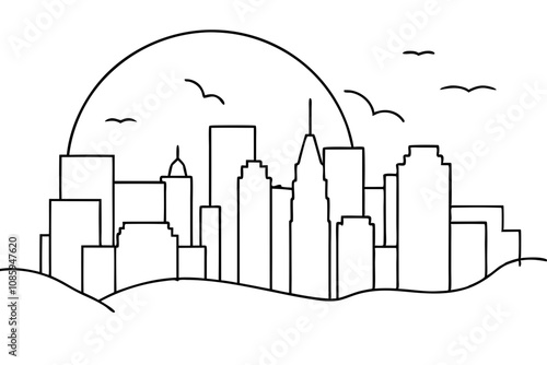 Silhouette of City Skyline with Dramatic Sunset and Flying Birds