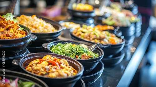 Closeup of Chinese Food Buffet Dishes in Black Bowls