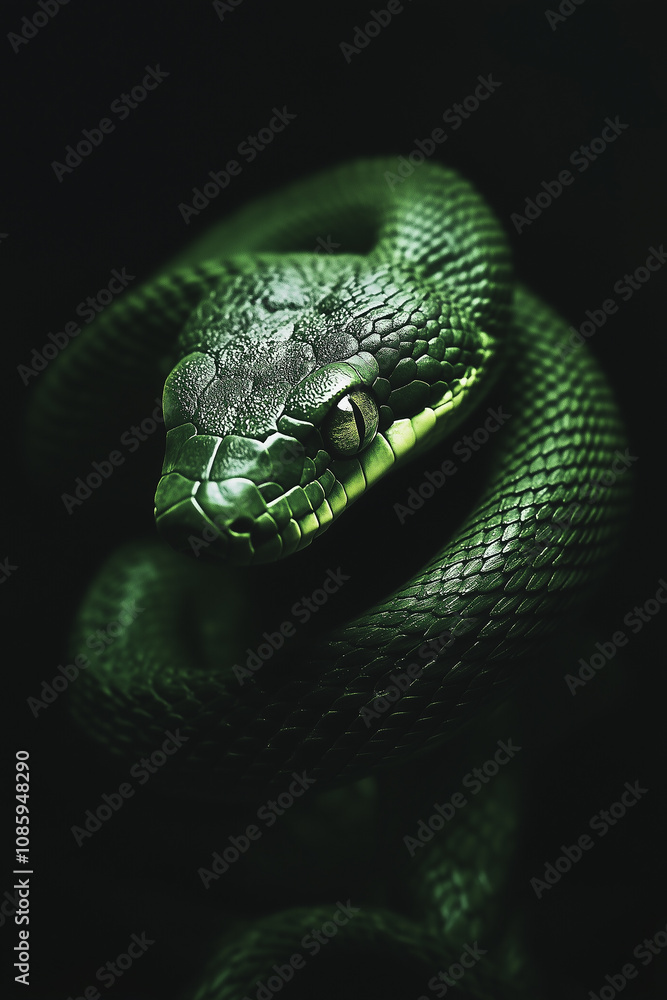 Fototapeta premium Green snake wrapped around it, against a black background