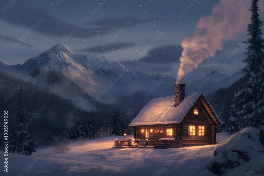Snowy Cabin Surrounded by Winter Trees, Majestic Mountains, and a Cozy Warm Light Glow Snowy Cabin Surrounded by Winter Trees, Majestic Mountains, and a Cozy Warm Light Glow