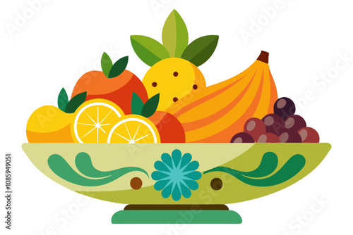 Elegant Decorative Fruit Bowl Centerpiece with Bananas, Oranges, and Grapes photo