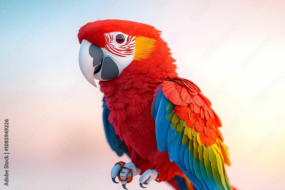 Vibrant and Colorful Macaw Parrot with Bright Red, Blue, and Green Feathers Against a Soft Pastel Background in a Nature Setting Vibrant and Colorful Macaw Parrot with Bright Red, Blue, and Green Feathers Against a Soft Pastel Background in a Nature Setting