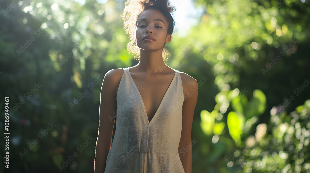 A model in a simple linen jumpsuit standing in a sunlit garden capturing the beauty of natural fabrics. A model in a simple linen jumpsuit standing in a sunlit garden capturing the beauty of natural fabrics.