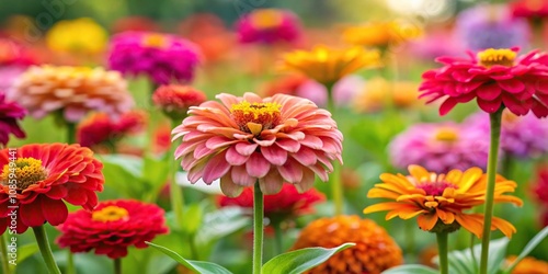 Colorful zinnia flowers blooming in garden, Spring and summer season, Symmetrical