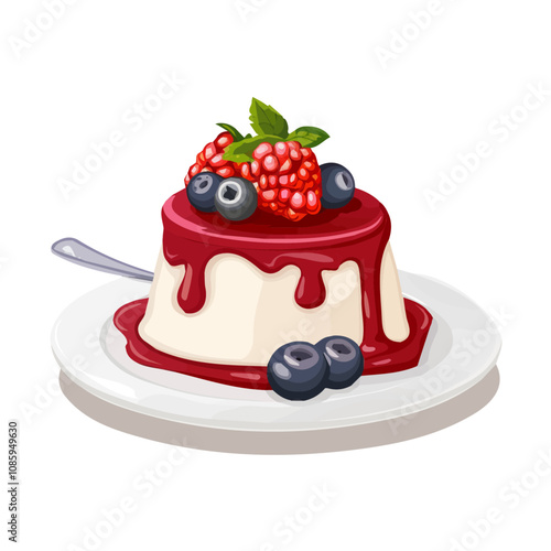 2D flat Simple panna cotta with berry sauce motion graphic flat-design vector animation style, in white background, flat design, animation design, vector, flat design, animation design, flat AI