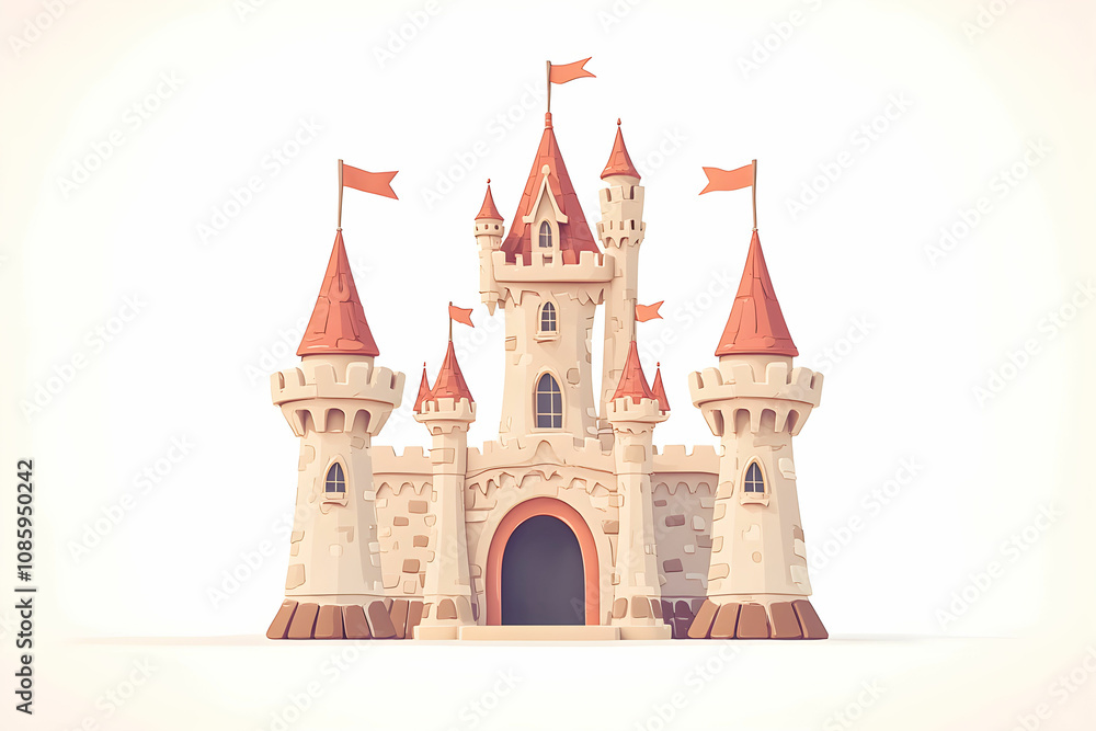Fototapeta premium Enchanting Fantasy Castle with Red Flags and Turrets, Perfect for s, Children's Themes, and Magical Storytelling Concepts in Bright Colors