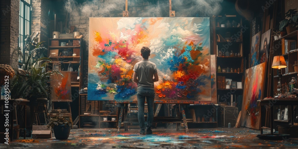 An artist immersed in creativity while painting a vibrant abstract artwork in a studio An artist immersed in creativity while painting a vibrant abstract artwork in a studio