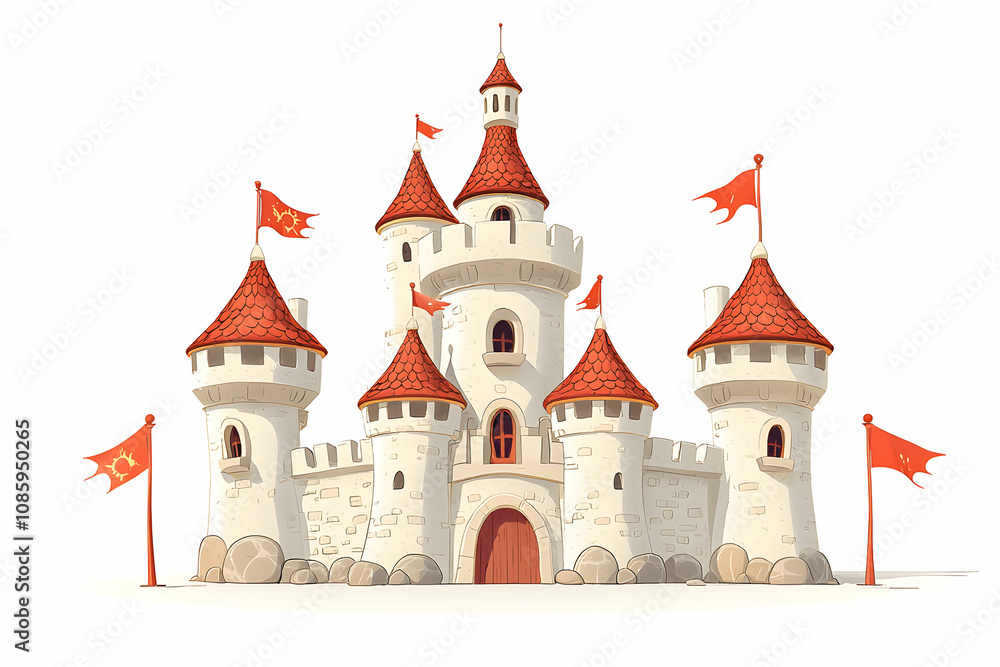 A Charming Fairytale Castle with Red Roofs and Flags on a White Background, Ideal for Children's s and Fantasy Themes in Storybooks or Decor A Charming Fairytale Castle with Red Roofs and Flags on a White Background, Ideal for Children's s and Fantasy Themes in Storybooks or Decor