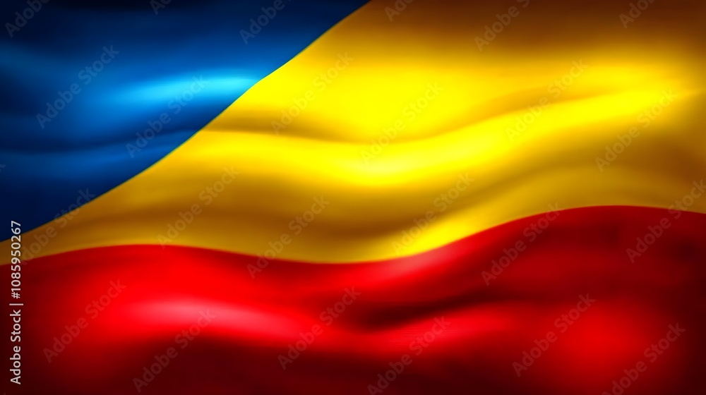 Fototapeta premium Vibrant Waving Flag of Romania with Rich Blue, Yellow, and Red Colors in Fluid Motion Symbolizing National Identity and Cultural Heritage