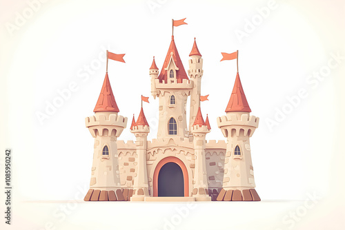 Enchanting Fantasy Castle with Red Flags and Turrets, Perfect for s, Children's Themes, and Magical Storytelling Concepts in Bright Colors