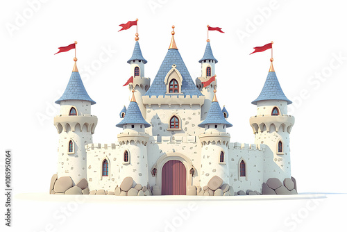 Enchanting Fairy Tale Castle with Blue Roofs and Red Flags Set Against a Clean White Background, Ideal for Children's Designs and Magical Themes