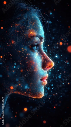  Side profile of a woman illuminated with glowing particles represents futuristic technology, data visualization, and the interconnectedness of the digital age.