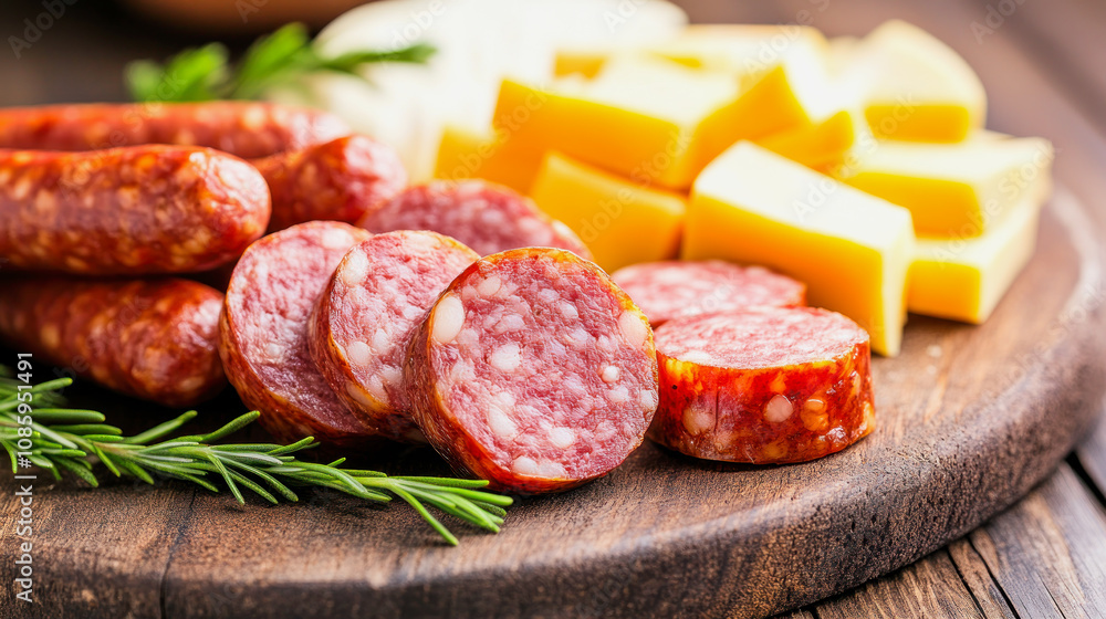 A delightful platter of sausage and cheese arranged on a wooden board. Generative AI A delightful platter of sausage and cheese arranged on a wooden board. Generative AI