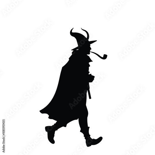 a black silhouette of a man walking with a pipe in his mouth