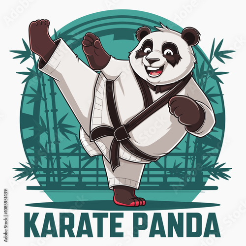 Cartoon Karate Panda in Martial Arts Pose with Bamboo Background - T-Shirt Print Design