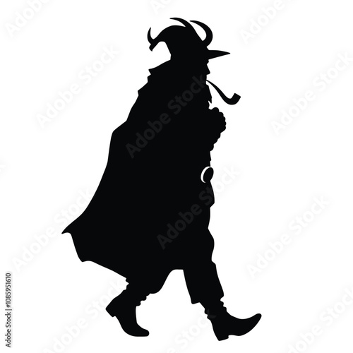 a black silhouette of a man walking with a pipe in his mouth