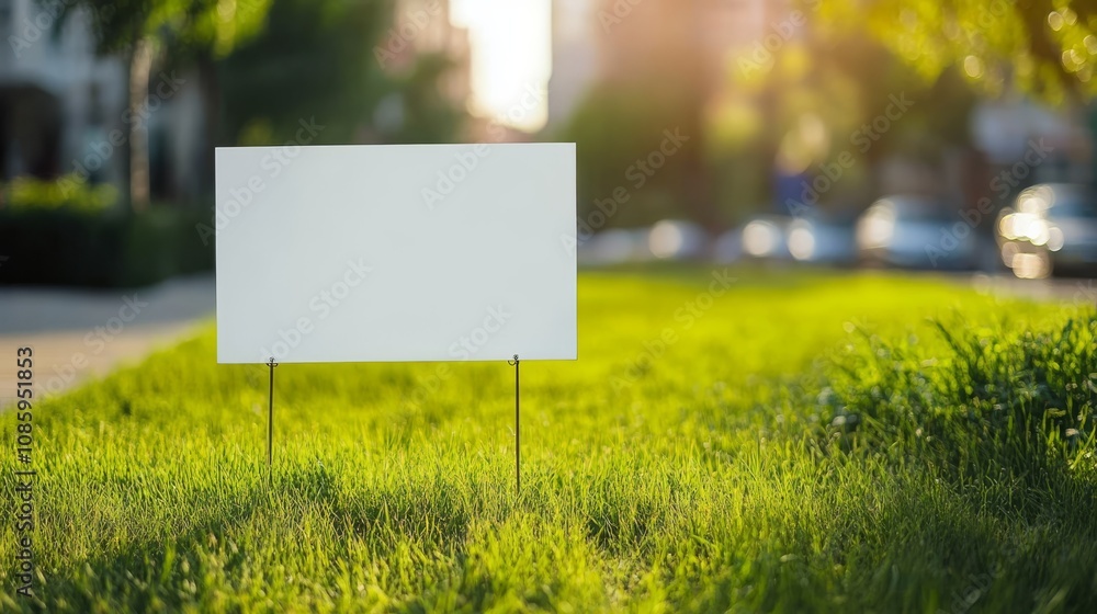custom made wallpaper toronto digitalIn the midst of vibrant green grass, a blank yard sign stands out distinctly, basking in the warm sunlight, close to a wellused walking path, and bordered by a bustling city street on all sides