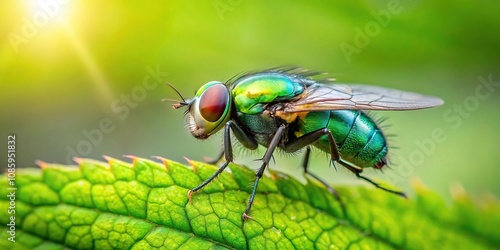 Common green bottle fly resting on leaf with blurred background photo