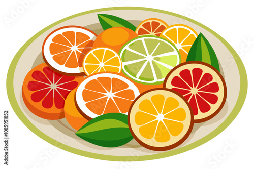 Decorative Plate of Neatly Sliced Assorted Citrus Fruits A Colorful Display of Freshness