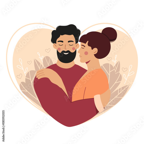 Romantic Couple Hugging in Heart Frame - Love and Affection vector Illustration. Valentine's Day