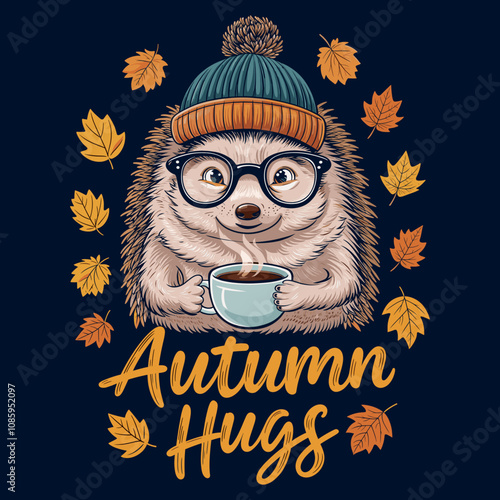 Cute Hedgehog with Glasses and Beanie Holding Coffee Surrounded by Autumn Leaves - T-Shirt Print Design