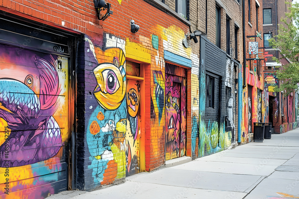 Fototapeta premium Colorful murals cover the walls of a lively alley, showcasing artistic expression and creativity