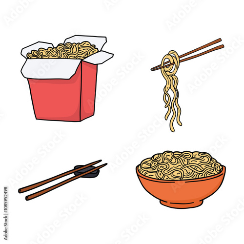 Set of noodle hand drawn cartoon doodle elements, asian food, chopsticks and noodles in bowl