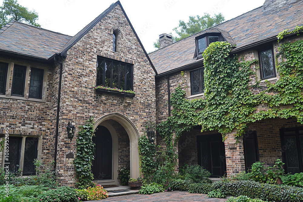 An old stone and brick mansion in the center of a Gothic-style neighborhood, surrounded by ivy-covered walls, with large windows overlooking an overgrown courtyard. The house has arched doorways. An old stone and brick mansion in the center of a Gothic-style neighborhood, surrounded by ivy-covered walls, with large windows overlooking an overgrown courtyard. The house has arched doorways.