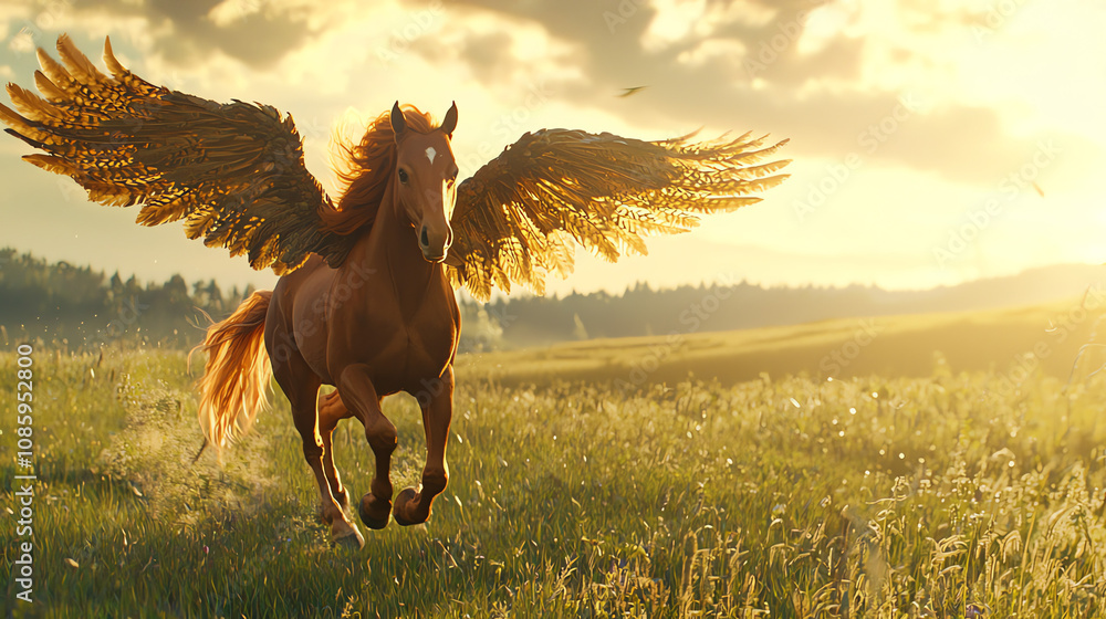 A majestic horse with hawk wings galloping through a sunlit meadow at sunset, embodying freedom and grace A majestic horse with hawk wings galloping through a sunlit meadow at sunset, embodying freedom and grace