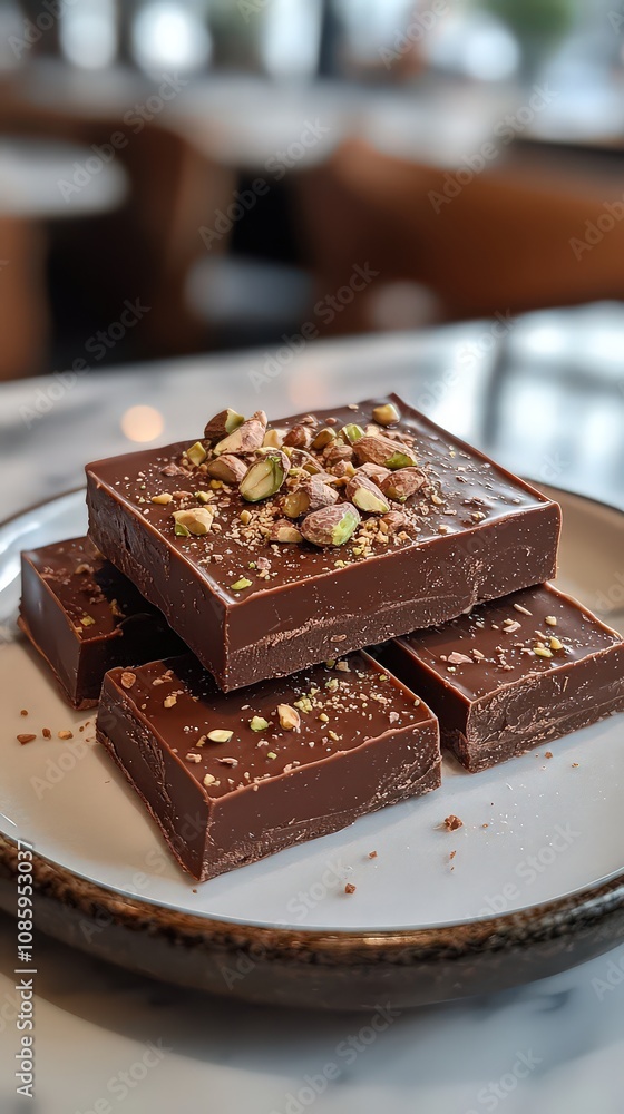 Stacked squares of chocolate topped with pistachios on a ceramic plate, blending rich flavors and artistic presentation for dessert lovers. Stacked squares of chocolate topped with pistachios on a ceramic plate, blending rich flavors and artistic presentation for dessert lovers.