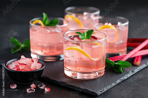 Wallpaper Mural National Rhubard Vodka Day. Elegant rhubarb and lemon cocktails with ice and mint leaves, served on a dark surface for a fresh, modern drink presentation.
 Torontodigital.ca
