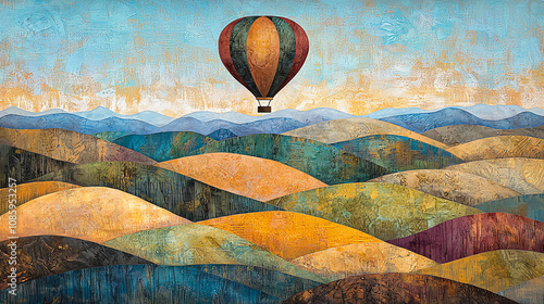 A vibrant hot air balloon floats gracefully over a patchwork of colorful rolling hills at sunset