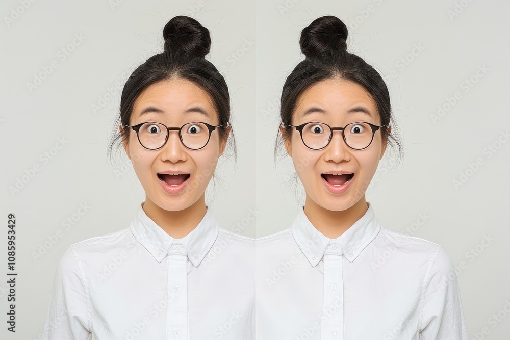 Excited young woman with glasses displaying joyful surprise in a neutral background Excited young woman with glasses displaying joyful surprise in a neutral background