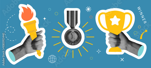Retro Collage with halftone hands, champion's cup, medal, Olympic flame. Modern vector illustrations. Set of fashionable design elements for banners, posters and more.