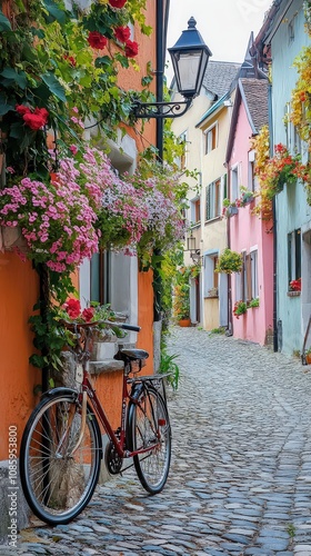  Cobblestone street in historic European village, colorful buildings with flower boxes, and vintage bicycle leaning casually against a lamppost.