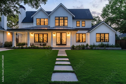 Modern farmhouse-style home exterior with white walls, black roof, and large windows at dusk. There is lush green grass in front of the house that has a stone walkway leading to its entrance door.