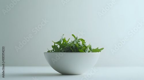 A plain white bowl with a handful of fresh arugula leaves showcasing vibrant green and simplicity. photo