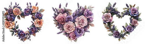 purple rose floral wreaths in heart shapes artistic design transparent background