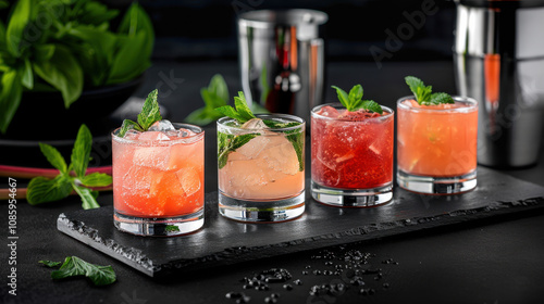 National Rhubard Vodka Day. An elegant display of mixed rhubarb vodka drinks with varying hues and garnishes, arranged on a sleek black surface for a modern aesthetic.
 photo