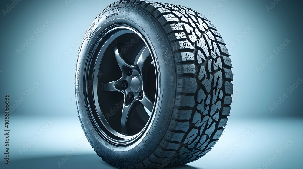 Obraz premium Close-up view of a car tire showcasing intricate tread pattern with detailed grooves on a blue gradient background.