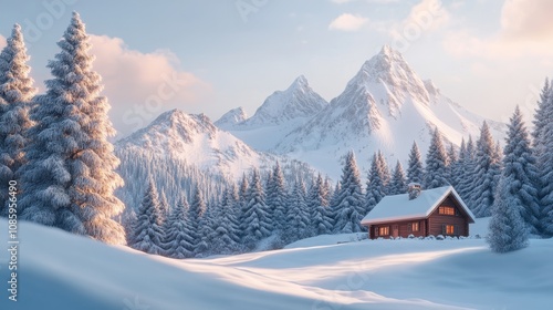 Snow-covered mountains and cozy cabin surrounded by tall trees