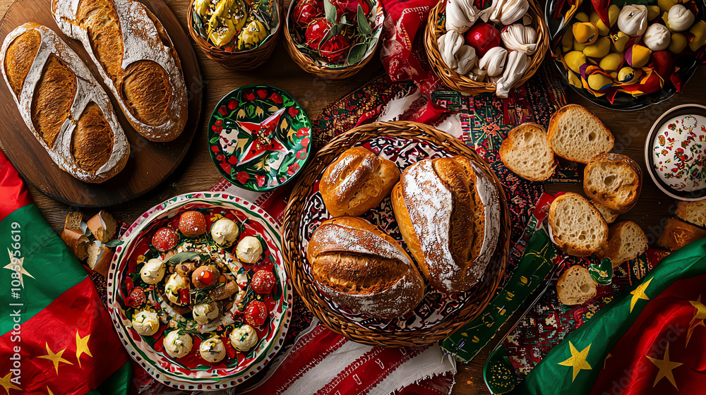 A traditional Hungarian St. Stephen's Day feast featuring freshly baked bread and colorful delicacies on a festive table A traditional Hungarian St. Stephen's Day feast featuring freshly baked bread and colorful delicacies on a festive table