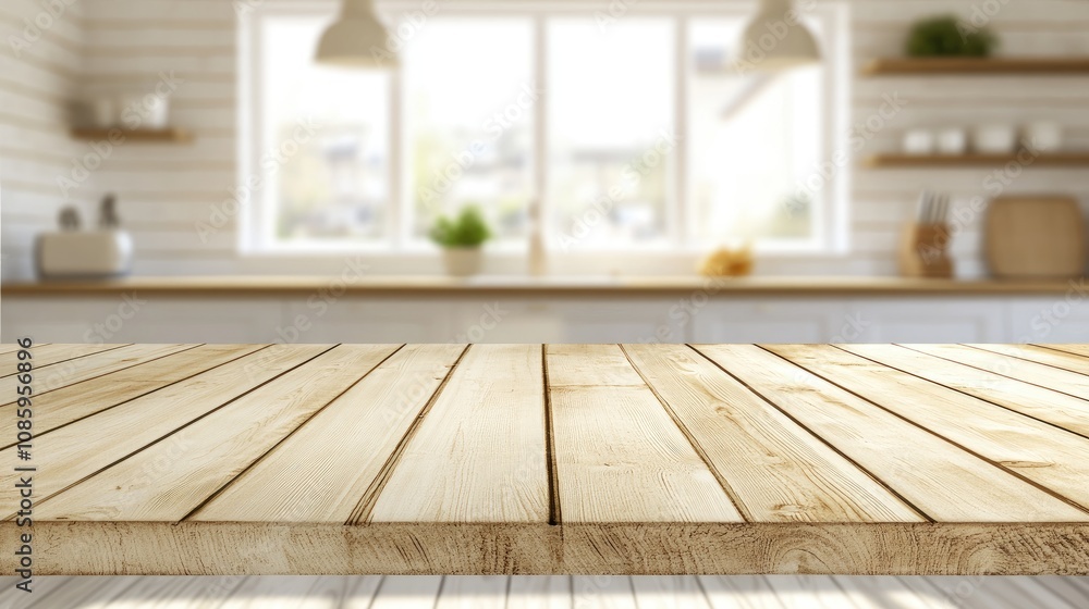Bright wooden table top in a cozy kitchen with blurred background and soft natural lighting Bright wooden table top in a cozy kitchen with blurred background and soft natural lighting