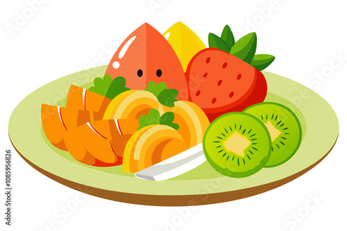 Fresh Fruit Salad with Strawberries, Kiwis, and Melons Drizzled with Honey