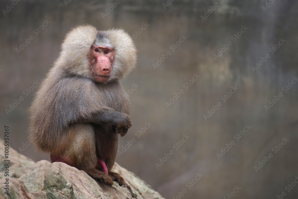 Naklejka premium A male hamadryas baboon sits on a large boulder. Large monkey.